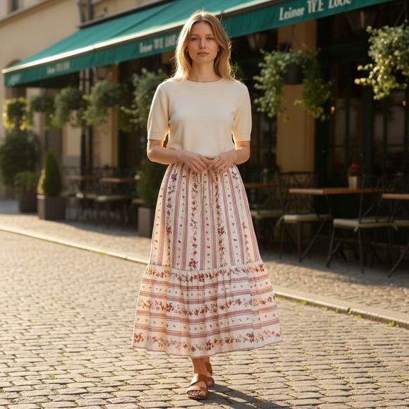 Joie Dresses & Skirts - Joie Floral Tiered Midi Skirt L Cream Red Linen Boho Cottagecore Prairie Peasant